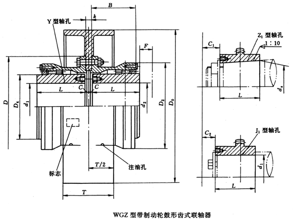 WGZ型帶制動(dòng)輪鼓形齒式聯(lián)軸器外形及安裝尺寸(JB/T7003-93)