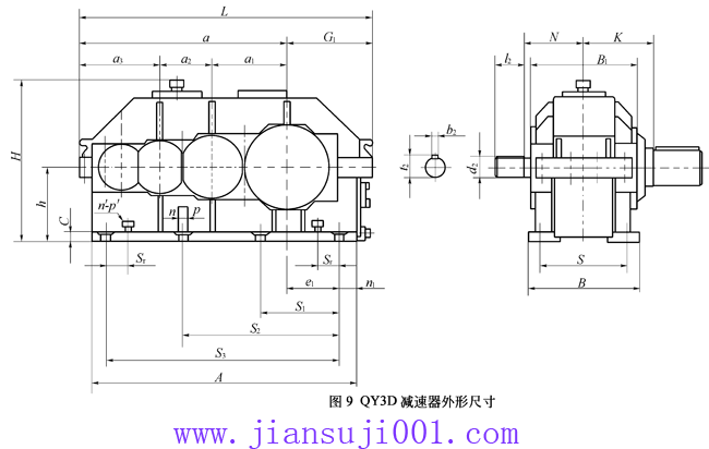 QY3D型起重機(jī)用硬齒面減速器外形及安裝尺寸
