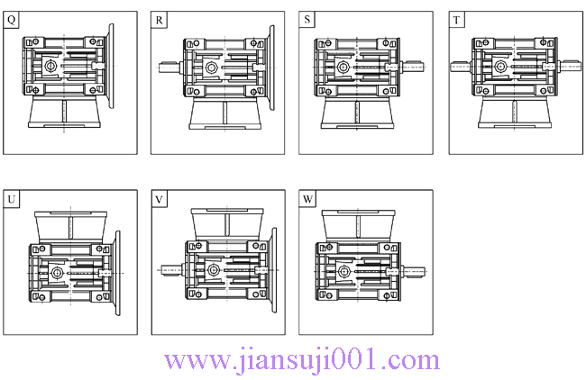 JRST系列多置式蝸桿減速機(jī)入力軸和輸出法蘭指向圖
