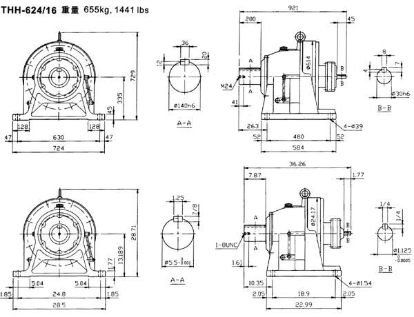 傳仕600系列擺線針輪減速機雙段雙軸型減速機馬達外形尺寸(THH624/16……)