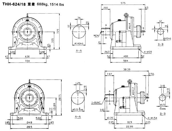 傳仕600系列擺線針輪減速機雙段雙軸型減速機馬達外形尺寸(THH624/16……)