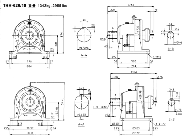 傳仕600系列擺線針輪減速機雙段雙軸型減速機馬達外形尺寸(THH624/16……)